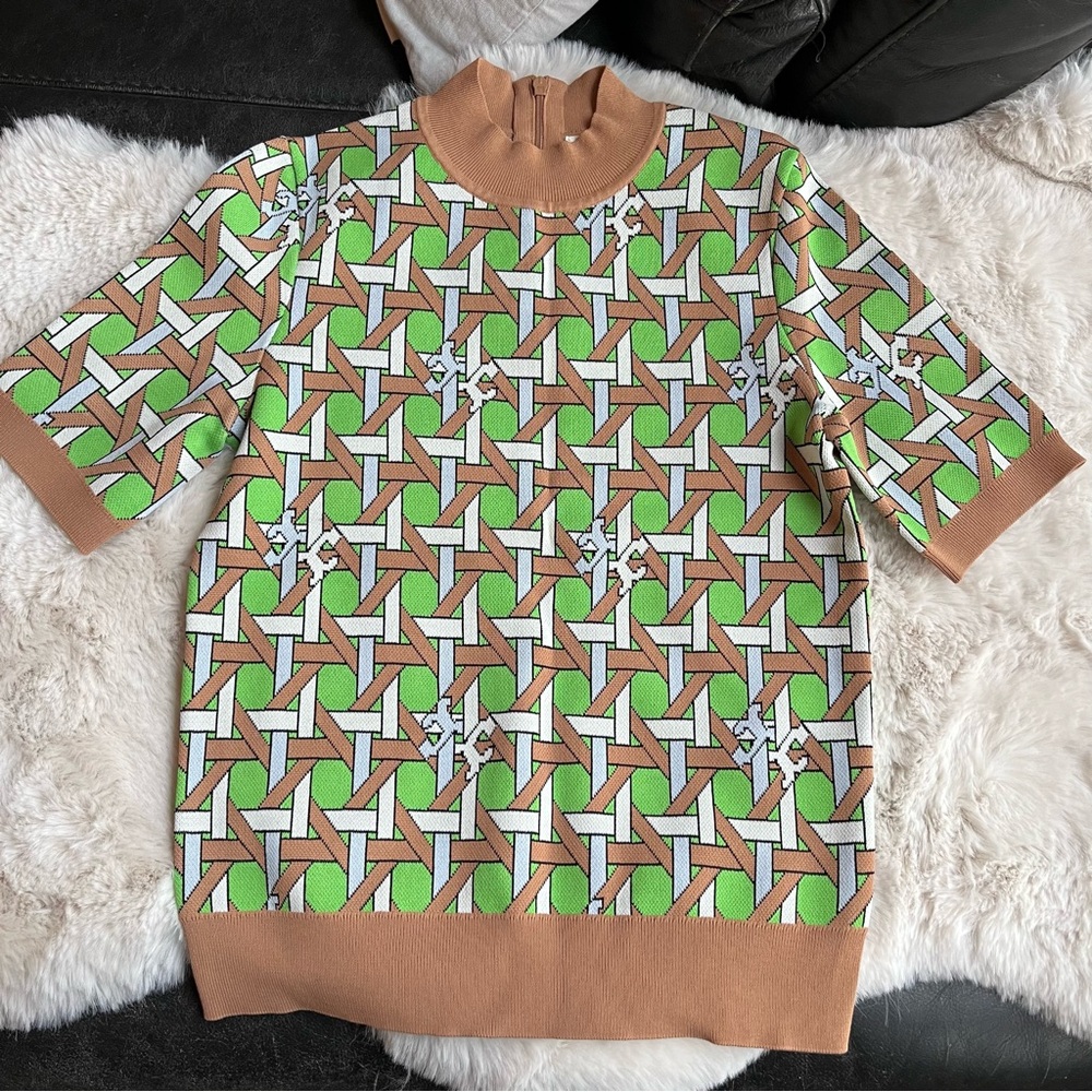 Tory Burch Short-Sleeve Geometric Knit Top in Tan, Green & White
